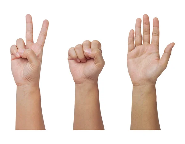 Handzeichen Von Schere Stein Und Papier Spiel Auf Weißem Hintergrund — Stockfoto