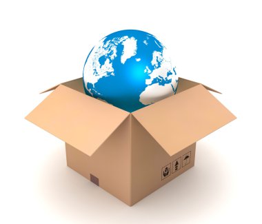 Küre, karton kutu kavramı 3d çizim