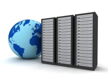 Küre ve sunucu rafları kavramı 3d çizim