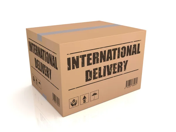 Concepto de caja de cartón de entrega internacional ilustración 3d — Foto de Stock