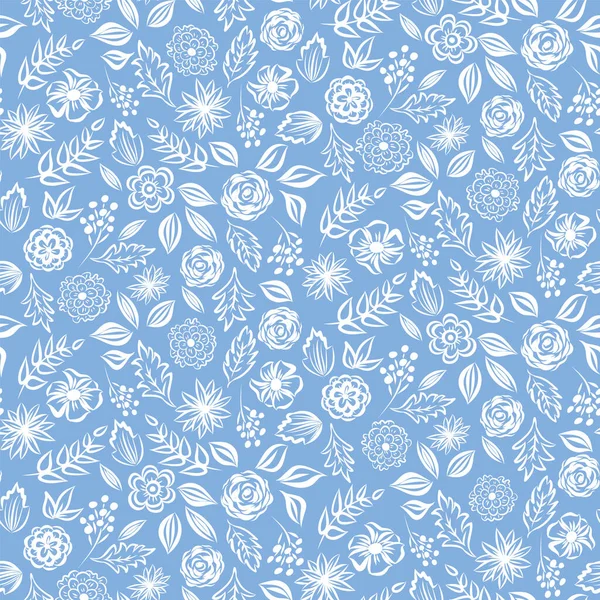 반사기가 파란색과 흰색 솔기없는 무늬를 배경으로 꽃을 피운다. — 스톡 벡터
