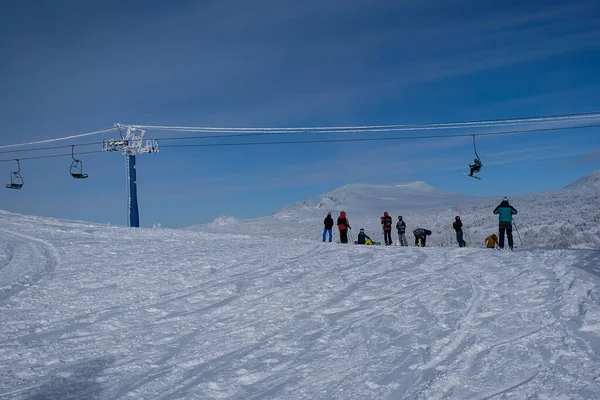 Soleggiata Mattina Inverno Sulle Montagne Sheregesh Sulla Pista Sci Fotografia Stock