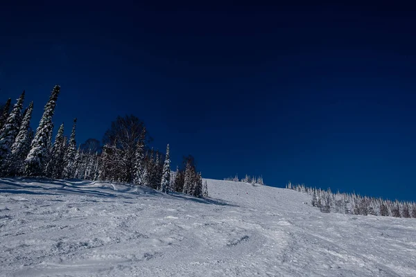 Soleado Mañana Invierno Las Montañas Sheregesh Pista Esquí —  Fotos de Stock