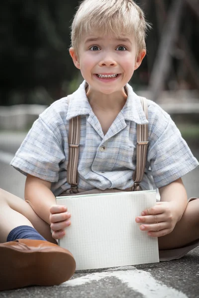 Retro School Boy and Notebook — Stock Photo, Image