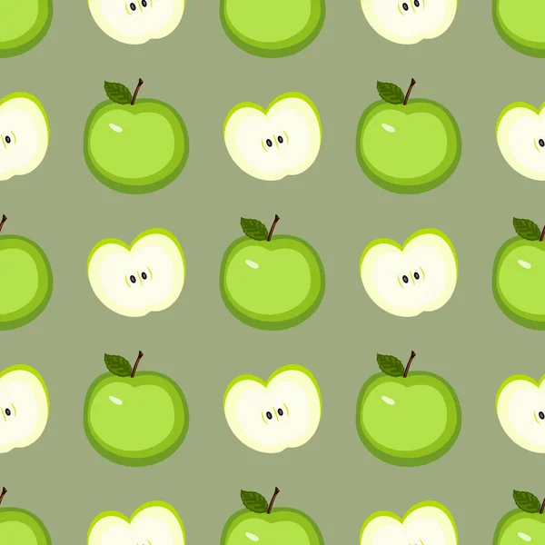 Patrón de manzana verde y mitades sobre un fondo gris — Vector de stock