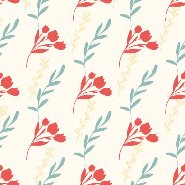 Kırmızı lalelerin, yeşil ve altın dalların deseni