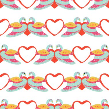 Renkli kuğuların kusursuz deseni beyaz arka planda bir kalpte