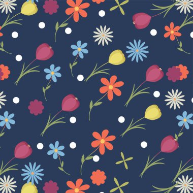 Sarı ve kırmızı laleler, papatyalar ve papatyalar.