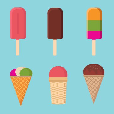 Mavi arka planda altı farklı dondurma çeşidi var.