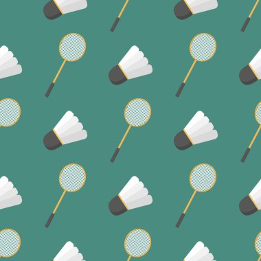 Yeşil arka planda bir badminton raketi ve mekik penisi deseni.