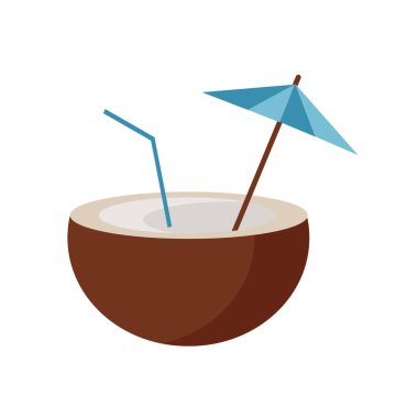 Tatilde dinlenmek için saman ve şemsiyeli hindistan cevizi sütü.