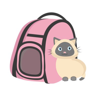 Bir siyam kedisi beyaz bir arka planda bir posta çantasının yanında oturur.