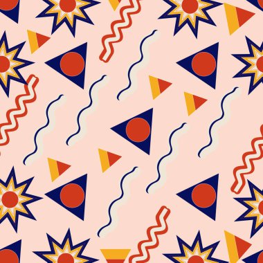 Pembe bir arka planda soyut geometrik şekillerde kusursuz desen