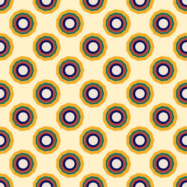 Bej bir arkaplan üzerinde farklı renk çemberlerinden yapılmış kumaş veya ambalaj için soyut geometrik desen