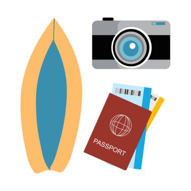 Üç parçalı bir sörf tahtası, biletli bir pasaport ve bir kamera.