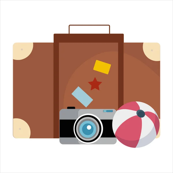 Conjunto de tema de viagem de mala, câmera e bola de praia — Vetor de Stock