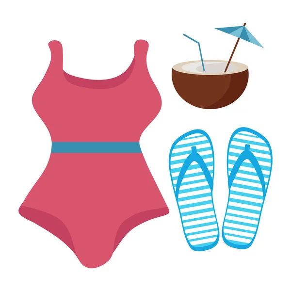 Um conjunto de itens para relaxar no verão de chinelos de praia, coquetel de coco e maiô — Vetor de Stock
