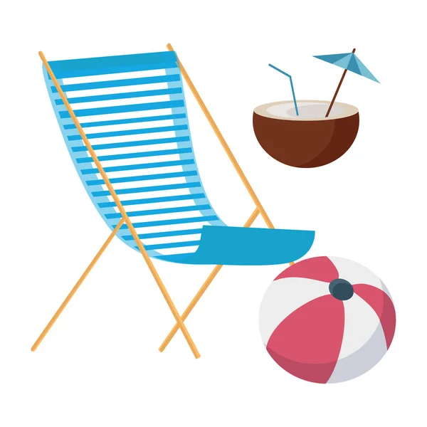 Férias de verão na forma de um conjunto de bola de praia, espreguiçadeira e coquetel de coco —  Vetores de Stock