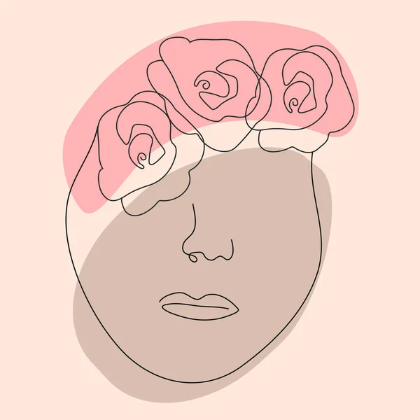 Rosto feminino com rosas em linha estilo de arte para impressão ou web design Vetores De Bancos De Imagens