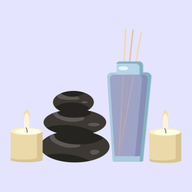 Mumlar, taşlar ve çubuklu kavanozlar şeklinde spa ürünleri