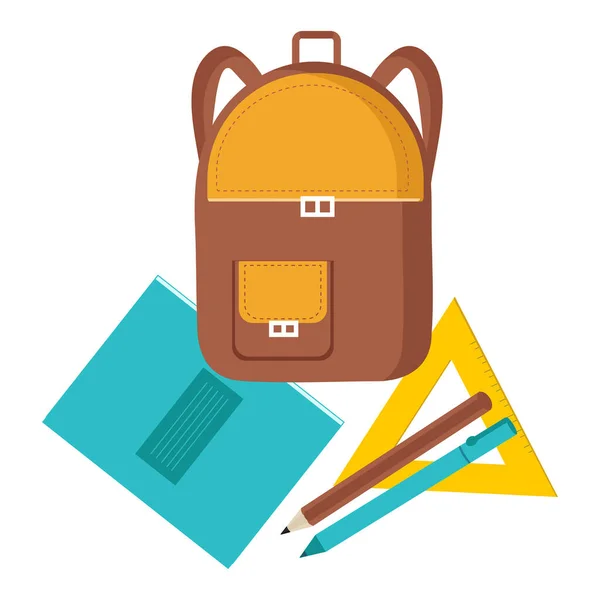 Sac à dos, carnet, règle triangle, stylo et crayon pour la conception web sur le thème de l'école — Image vectorielle