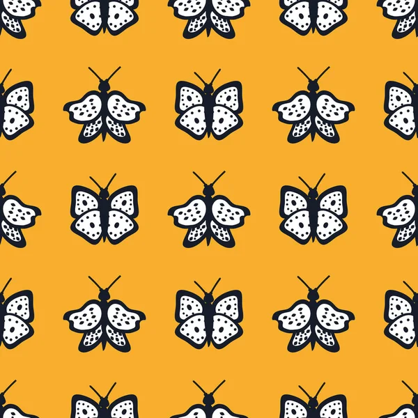 Patrón de mariposa sobre fondo amarillo para su uso en envases o textiles — Vector de stock