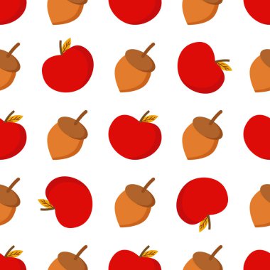 Paketleme veya tekstil kullanımında kullanılacak beyaz arkaplanda elma ve meşe palamudu deseni