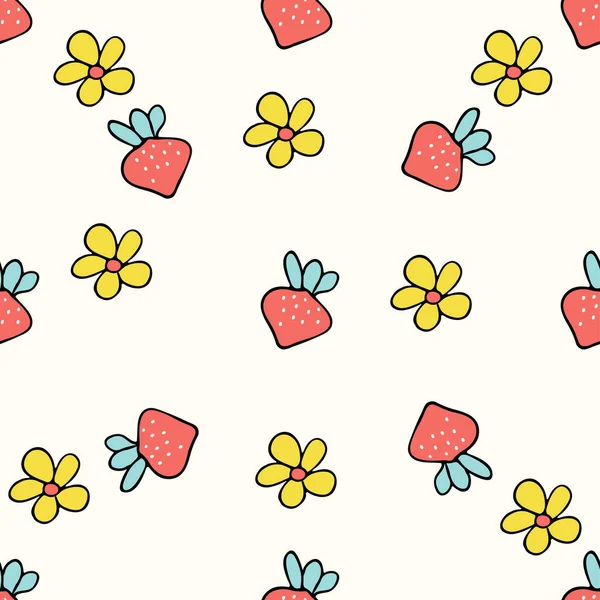 Padrão de doodle de morango e flor em um fundo branco para uso em embalagens ou têxteis Gráficos Vetores