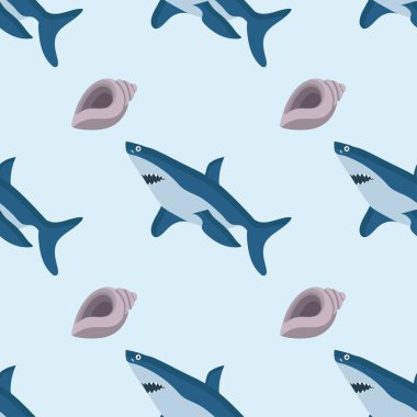 Paketleme veya tekstil tasarımında kullanılmak üzere mavi arkaplanda köpekbalığı ve kabuk deseni