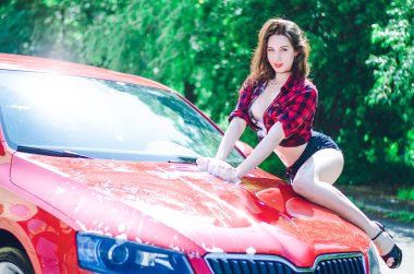 Sıcak esmer kırmızı bir araba yolda yaz aylarında onarır.