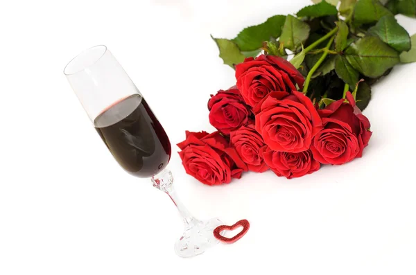 Bouquet di rose rosse con vino Foto Stock Royalty Free