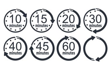 Zamanlayıcı simgelerinin vektör çizimi ayarlandı. 10, 15, 20, 30, 40, 45 ve 60 dakika.. 