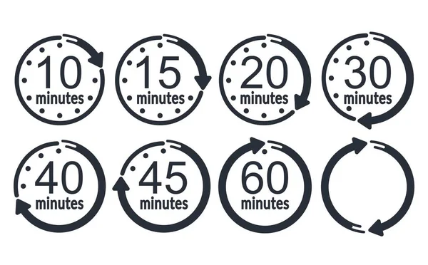 Zamanlayıcı simgelerinin vektör çizimi ayarlandı. 10, 15, 20, 30, 40, 45 ve 60 dakika.. 