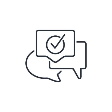 Üç diyalog kutusu ve bir işaret. İletişim, anlaşma. Beyaz arkaplanda izole edilmiş vektör doğrusal simgesi.