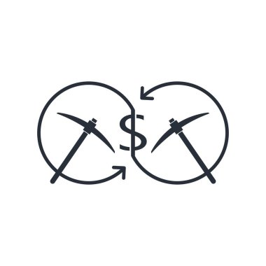 Okları birleştiren dolar işareti, kazma çalışma aracı. Ortak çaba, ekonomik bir proje üzerinde çalışmak. Beyaz arkaplanda vektör simgesi izole edildi.