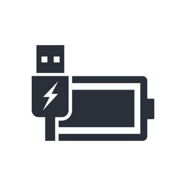 USB prizinden elektrik yüklü ekipman. Şarj edilebilir pil ve USB tapası. Beyaz arkaplanda vektör simgesi izole edildi.