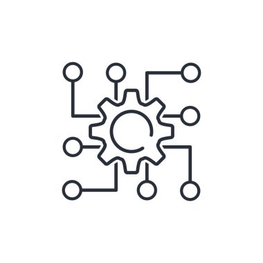 Dönme dişli ve elektronik bilgi kanalları. Çok kanallı kontrol sistemi, iletişim. Beyaz arkaplanda izole edilmiş vektör doğrusal simgesi.