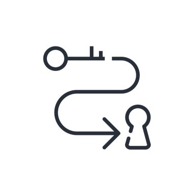 Anahtar, anahtar deliği, yön oku. Bilgiye ve fırsatlara erişim prosedürü. Beyaz arkaplanda izole edilmiş vektör doğrusal simgesi.