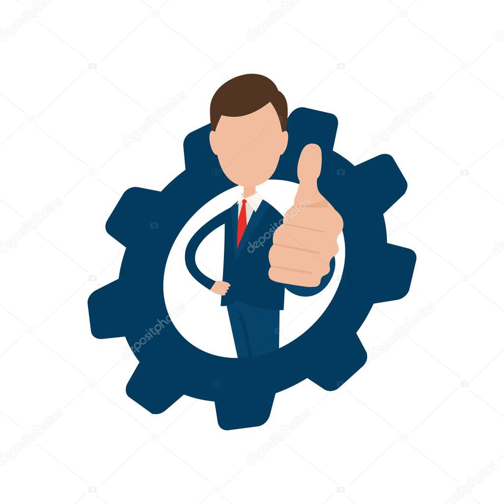 Businessman, thumb up and gear. Self improvement. Personal growth, development. Vector illustration isolated on white background.