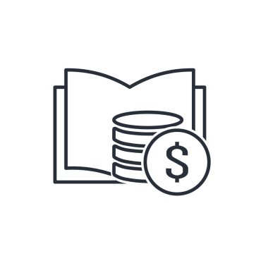 Kitap ve para yığını. Finansal okuryazarlık, eğitim. Beyaz arkaplanda izole edilmiş vektör doğrusal simgesi.