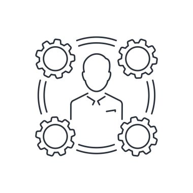 Müdür ve vites. İşlem koordinatörü. Beyaz arkaplanda izole edilmiş vektör doğrusal simgesi.