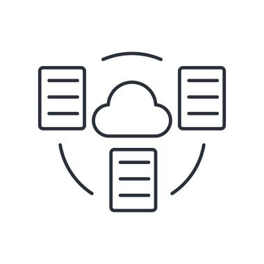 Metin belgeleri. Bulut deposu. Beyaz arkaplanda izole edilmiş vektör doğrusal simgesi.