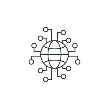 İnternet bağlantısı olan dünya. Beyaz arkaplanda izole edilmiş vektör doğrusal simgesi.