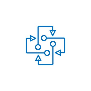 Birleşmiş elektronik bağlantı etkileşimi. Birleşmiş teknoloji parçaları. Beyaz arkaplanda izole edilmiş vektör doğrusal simgesi.