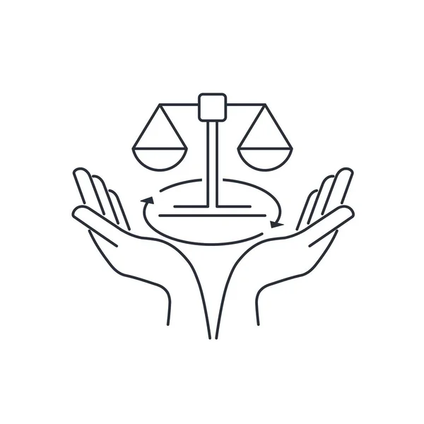 双手支撑着正义的天平 对权利和自由的法律保护 白色背景上孤立的矢量线性图标 — 图库矢量图片