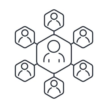 Bir grup insanı birleştiren geniş bir bağlantı ağı. Beyaz arkaplanda izole edilmiş vektör doğrusal simgesi.