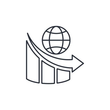 Küre ve tabana doğru hareket grafiği. Küresel düşüş eğilimi. Beyaz arkaplanda izole edilmiş vektör doğrusal simgesi.