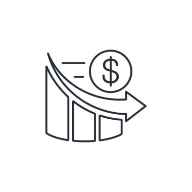 Dolar ve çizelge aşağı. Finansal düşüş. Beyaz arkaplanda izole edilmiş vektör doğrusal simgesi.