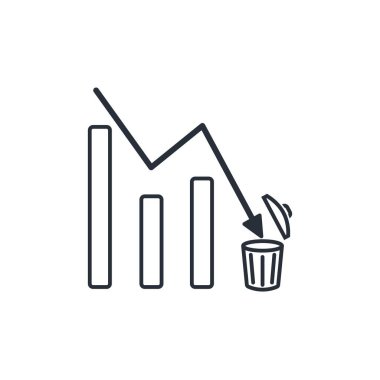 Çöp kutusuna giden azalma çizelgesi. İşe yaramaz iş. Düşük gelir ve verimlilik. Beyaz arkaplanda izole edilmiş vektör doğrusal çizim.