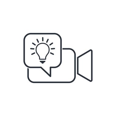 Ampul ve video kamera. Eğitici video. Beyaz arkaplanda izole edilmiş vektör doğrusal simgesi.